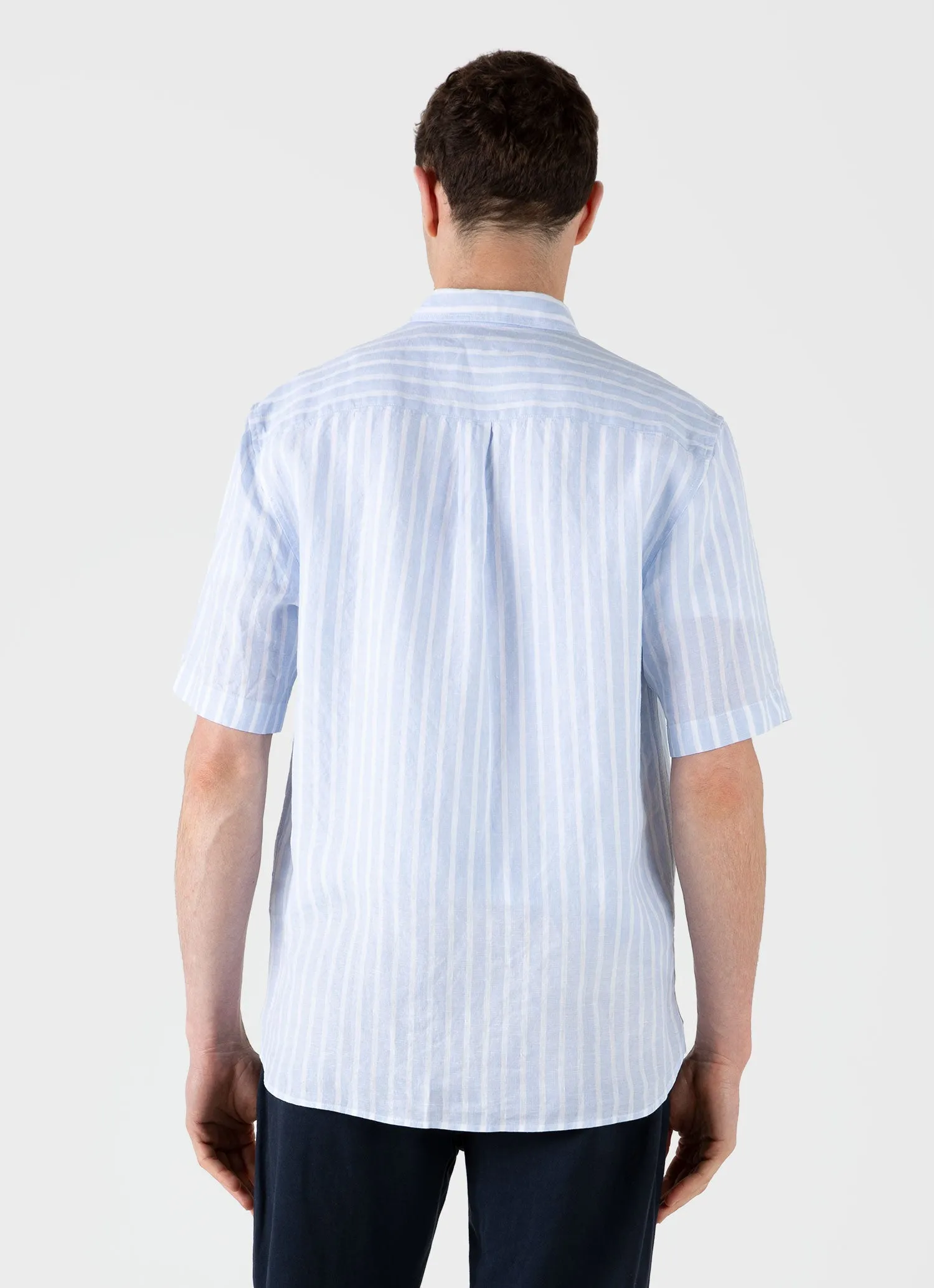 Men's Short Sleeve Linen Shirt in Light Blue/White