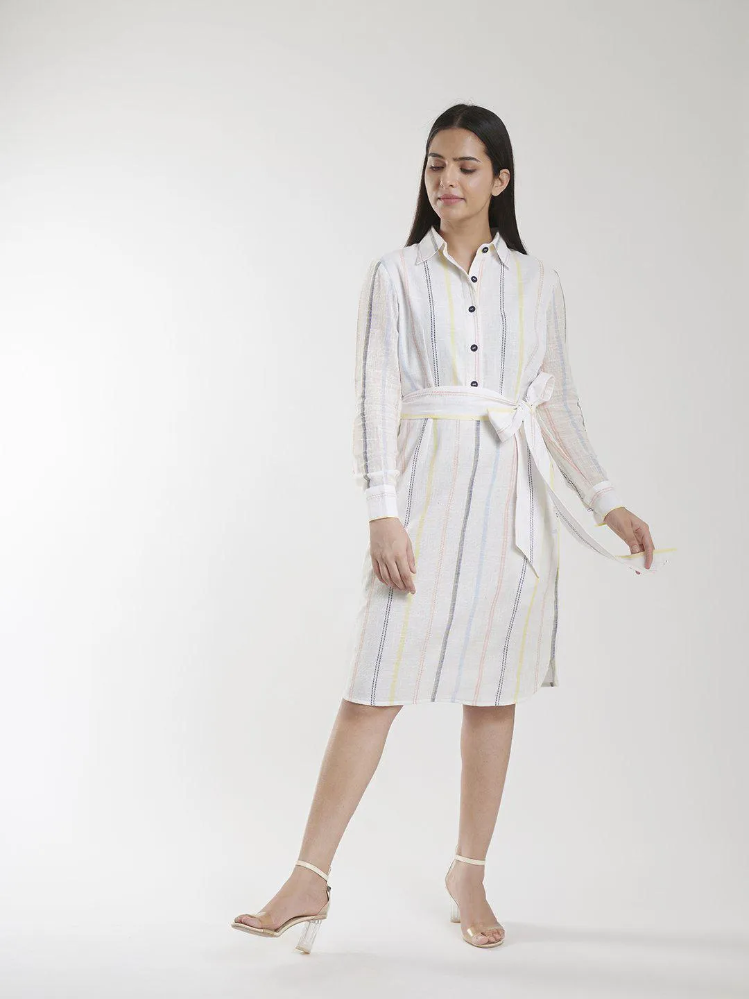 Off White Striped Cotton Shirt Dress