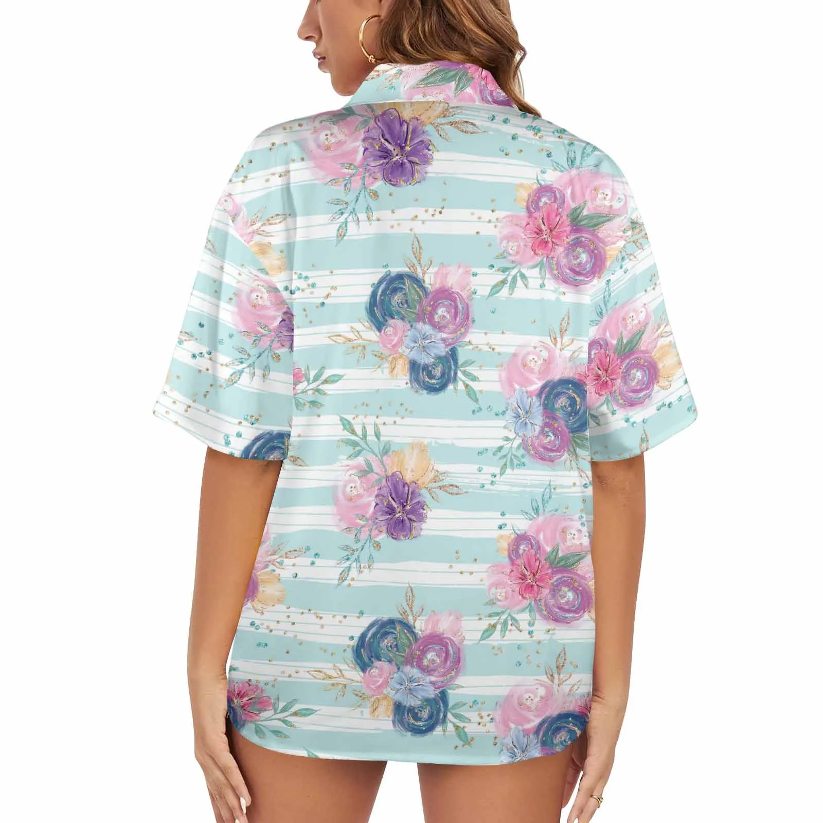 Purple and Pink floral Blue Stripes  Women's Hawaiian Shirt