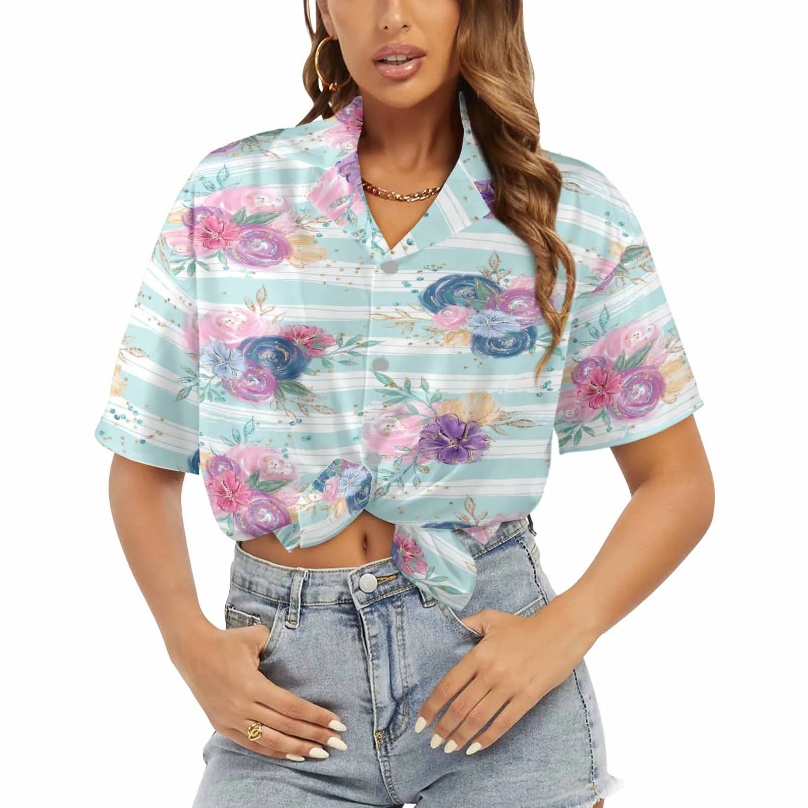 Purple and Pink floral Blue Stripes  Women's Hawaiian Shirt