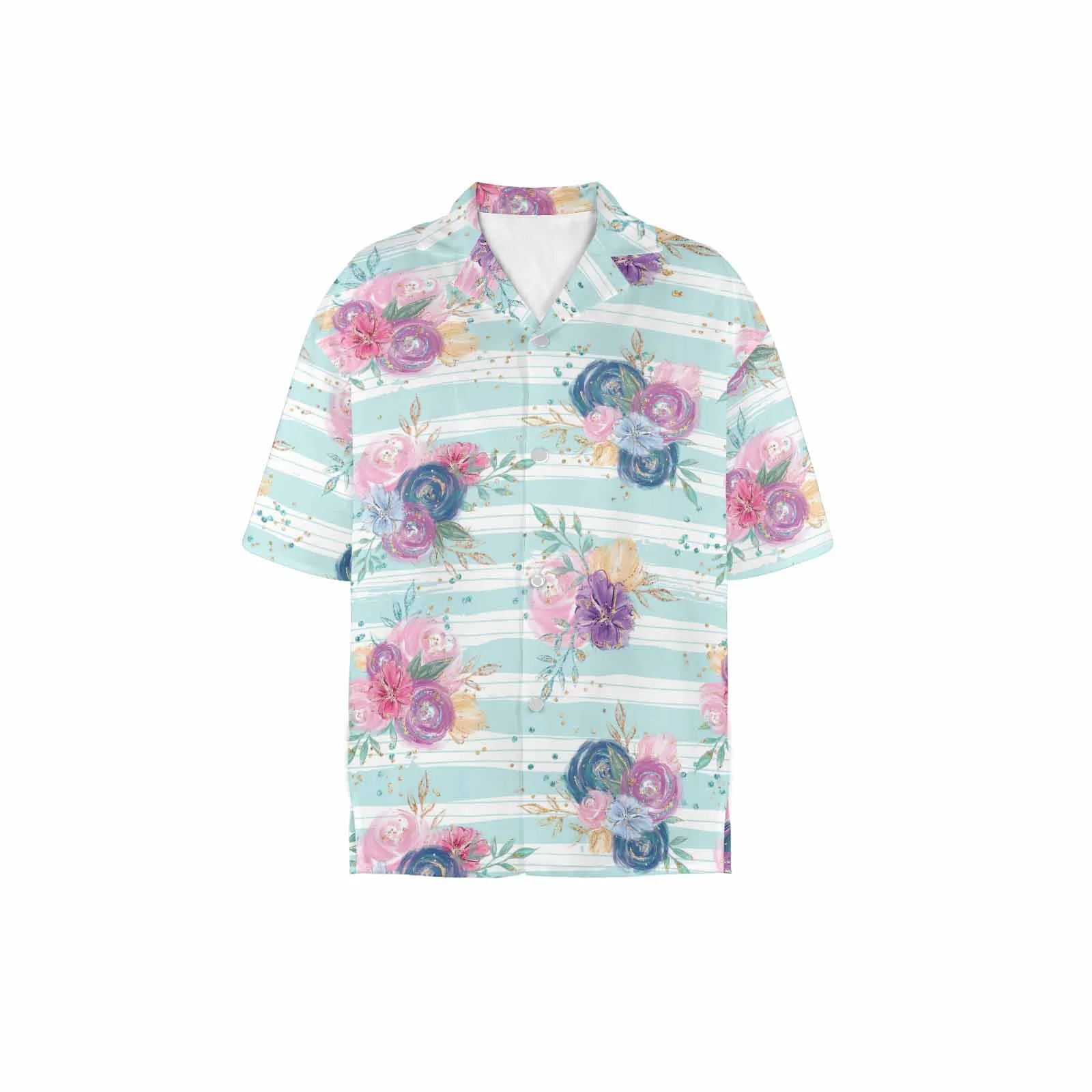 Purple and Pink floral Blue Stripes  Women's Hawaiian Shirt