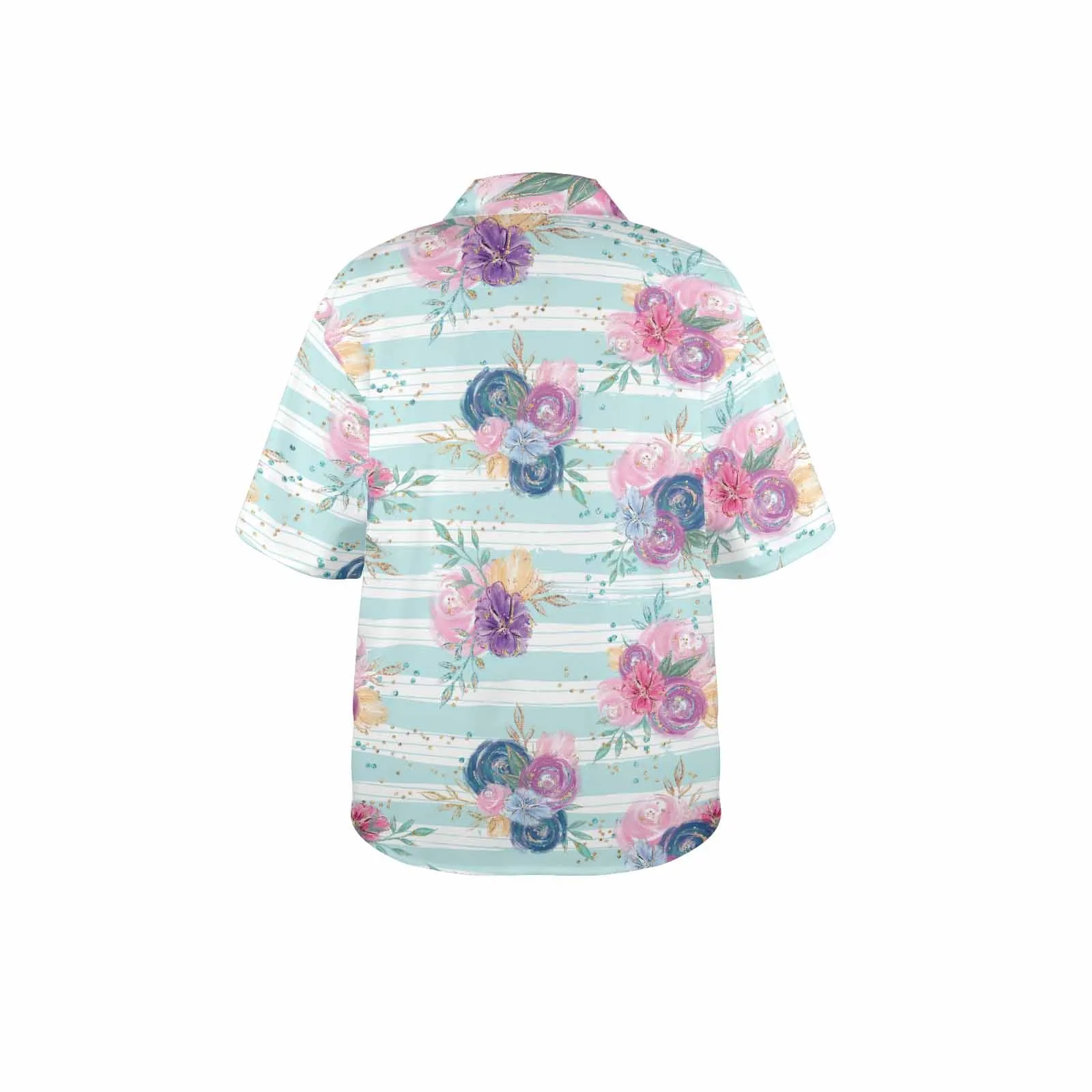 Purple and Pink floral Blue Stripes  Women's Hawaiian Shirt