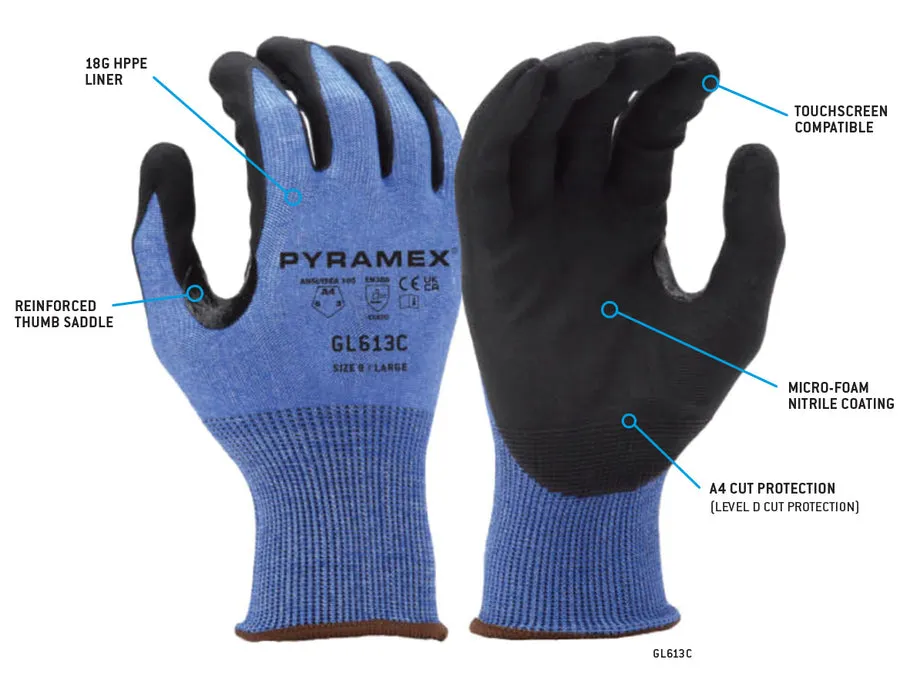 Pyramex 18 Gauge Micro-Foam Nitrile A4 Cut Touchscreen Saftey Gloves - X3