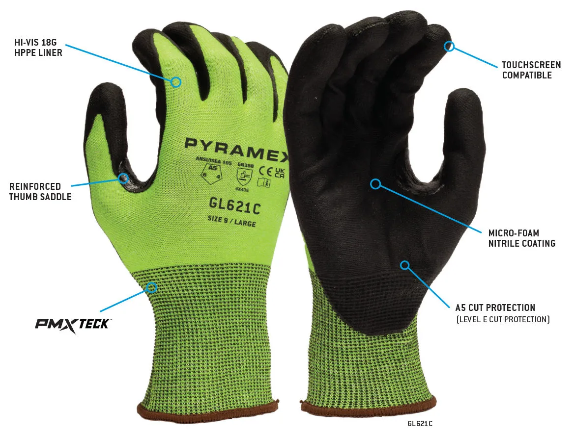 Pyramex 18 Gauge Micro Foam Nitrile Coated HPPE A5 Cut Resistant Gloves - L