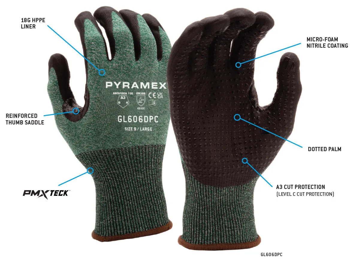 Pyramex 18 Gauge Micro-Foam Nitrile Dotted A3 Cut Thumb Saddle Gloves - M