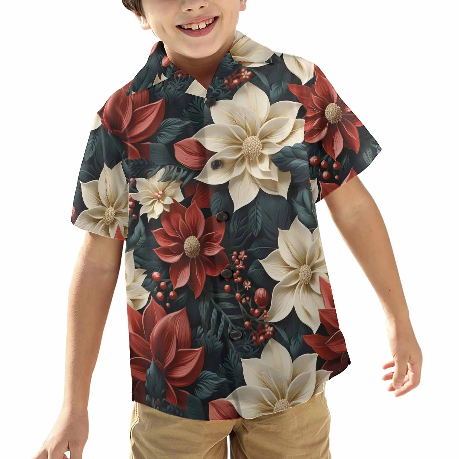 Red Poinsettia  Little Boys Hawaiian Shirt