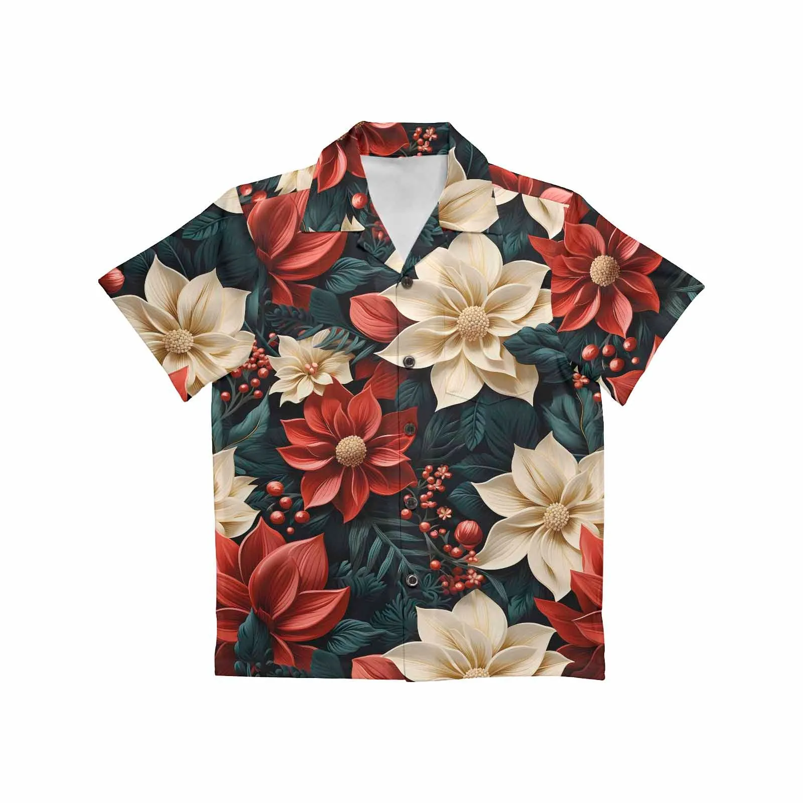 Red Poinsettia  Little Boys Hawaiian Shirt