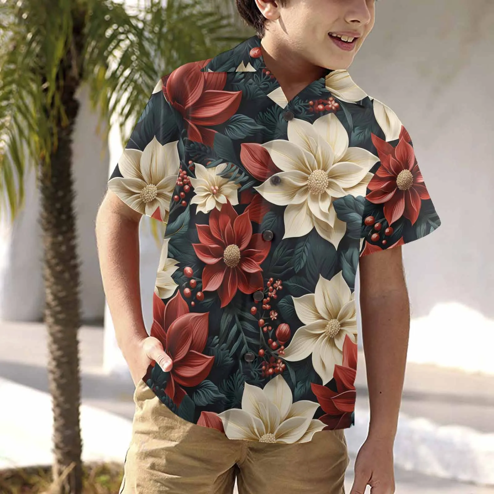 Red Poinsettia  Little Boys Hawaiian Shirt