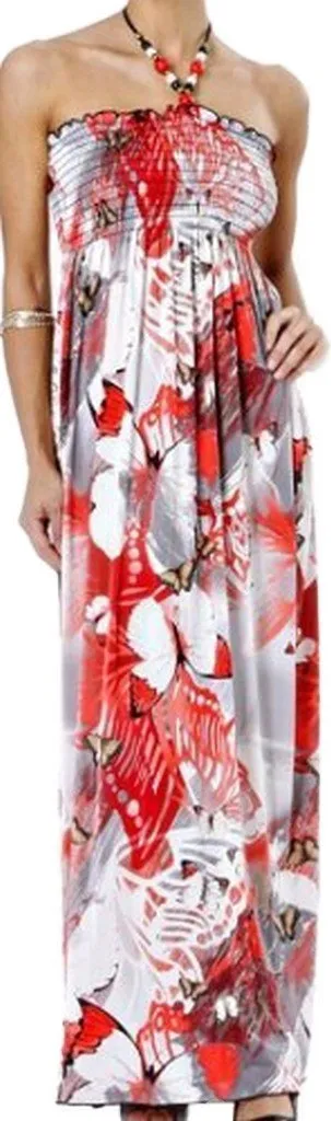 Sakkas Butterfly Graphic Print Beaded Halter Smocked Bodice Maxi / Long Dress