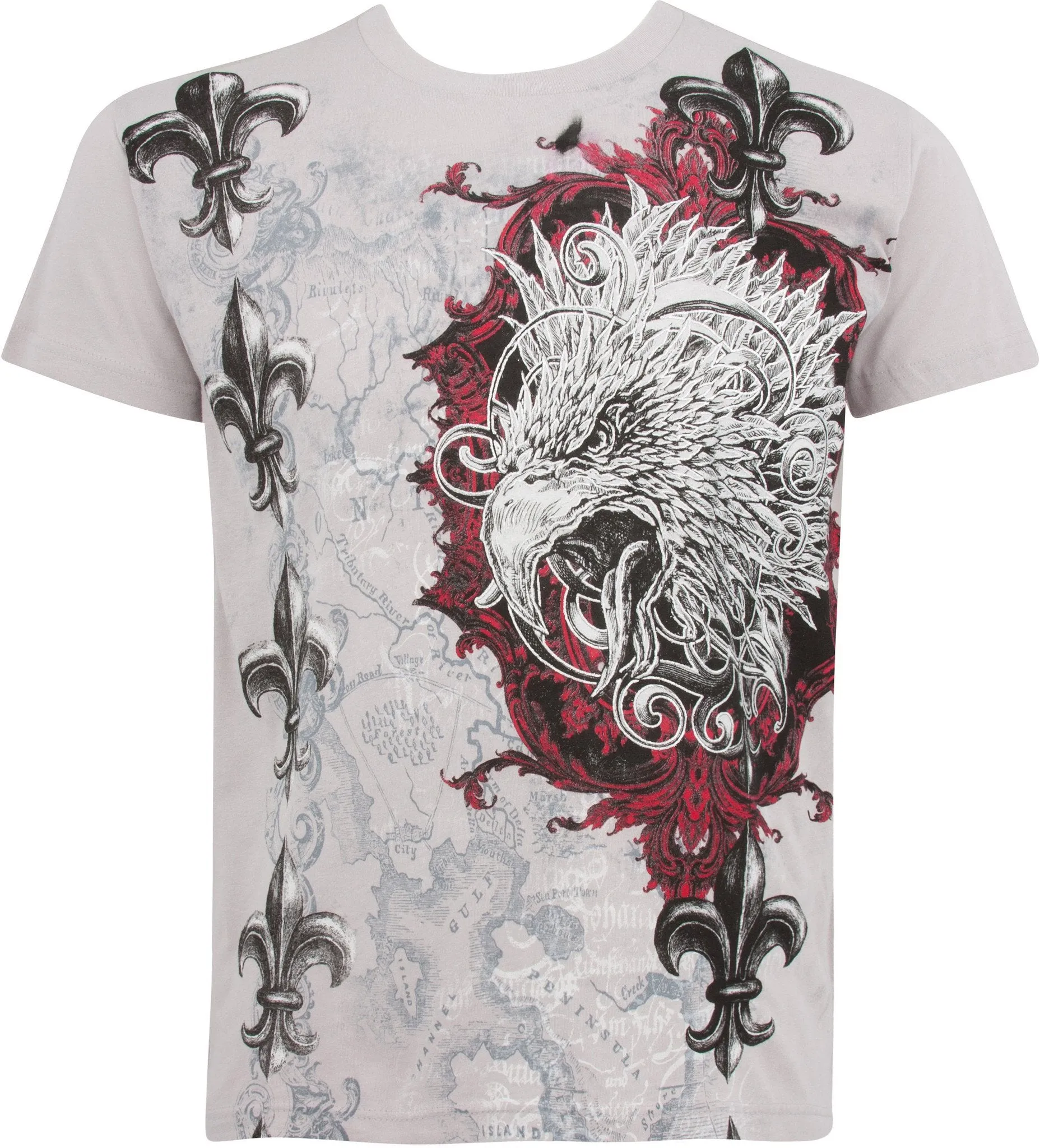 Sakkas Eagle Head and Fleur de Lis Metallic Silver Embossed Cotton Mens T-Shirt