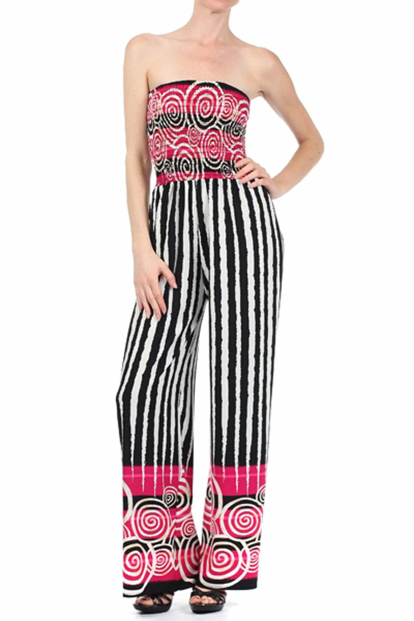 Sakkas Spiral Stripe Smocked Tube Top Wide Leg Jumpsuit