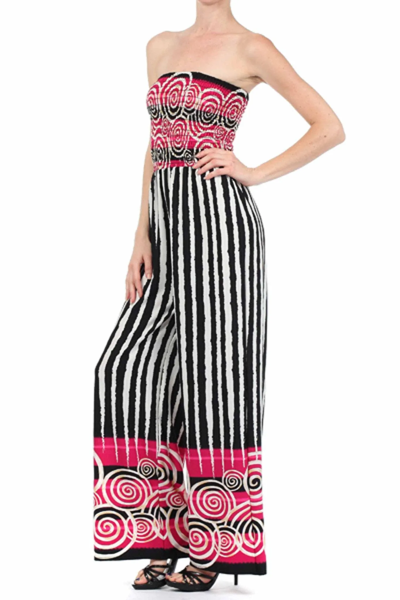 Sakkas Spiral Stripe Smocked Tube Top Wide Leg Jumpsuit