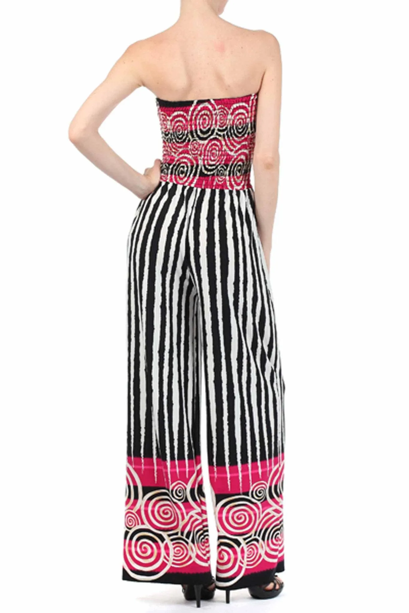 Sakkas Spiral Stripe Smocked Tube Top Wide Leg Jumpsuit