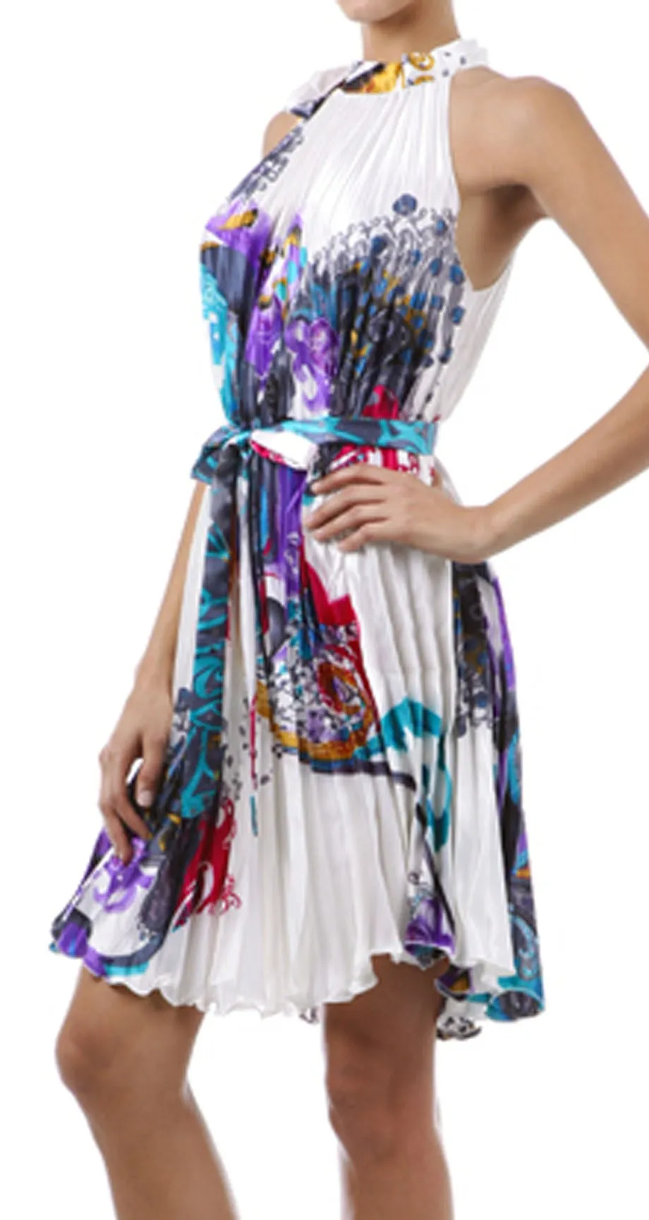 Satin Pleated Short Sleeveless Dress with Paisley Design