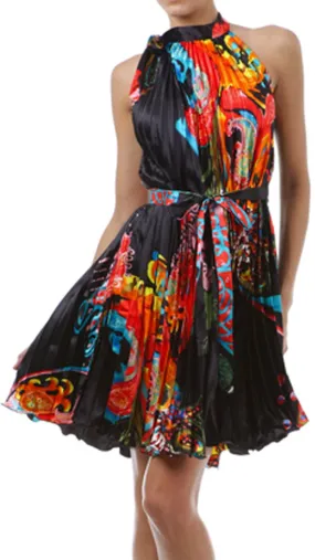 Satin Pleated Short Sleeveless Dress with Paisley Design