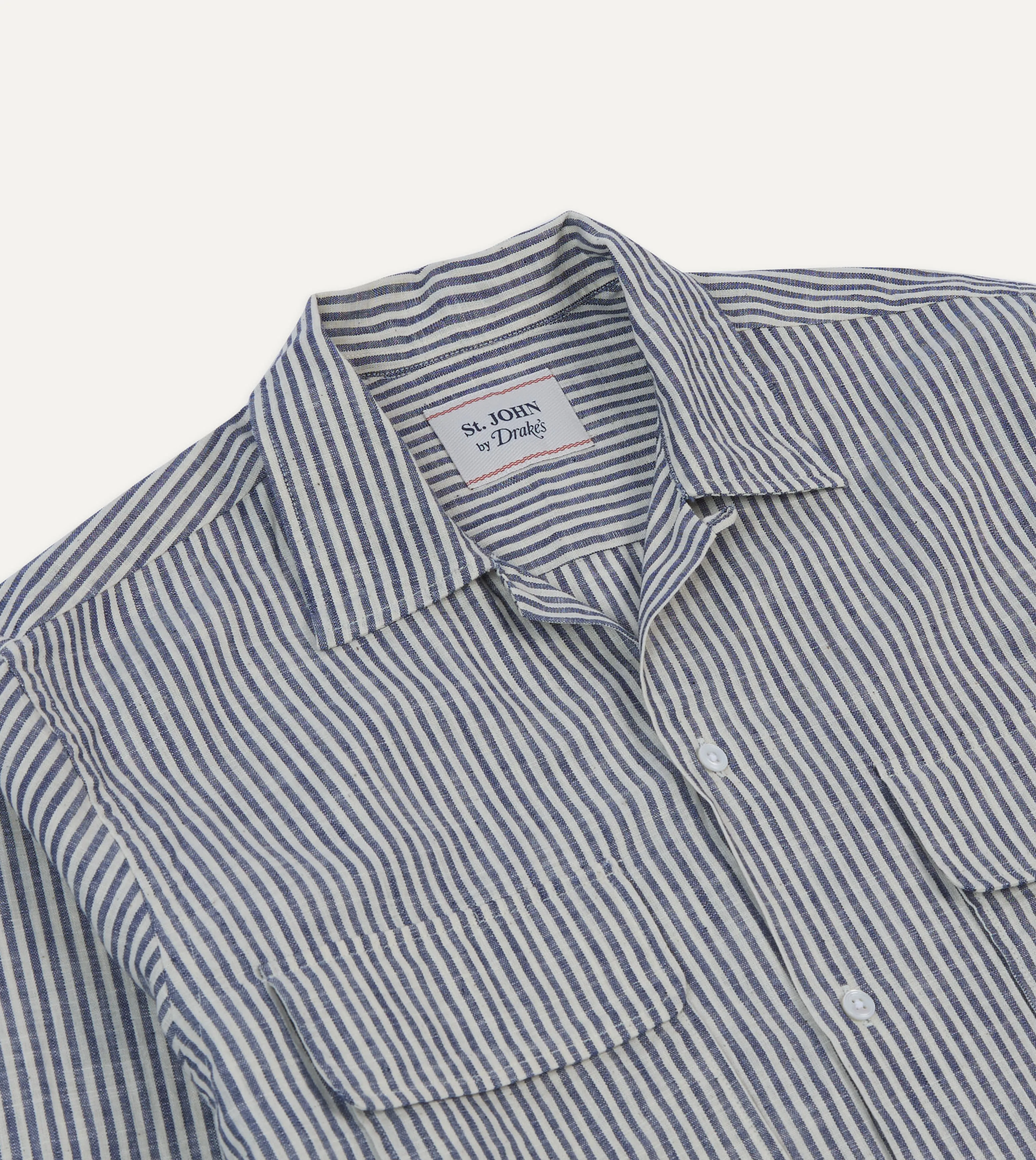 St. JOHN by Drake's Indigo Stripe Linen Camp Collar Long Sleeve Shirt