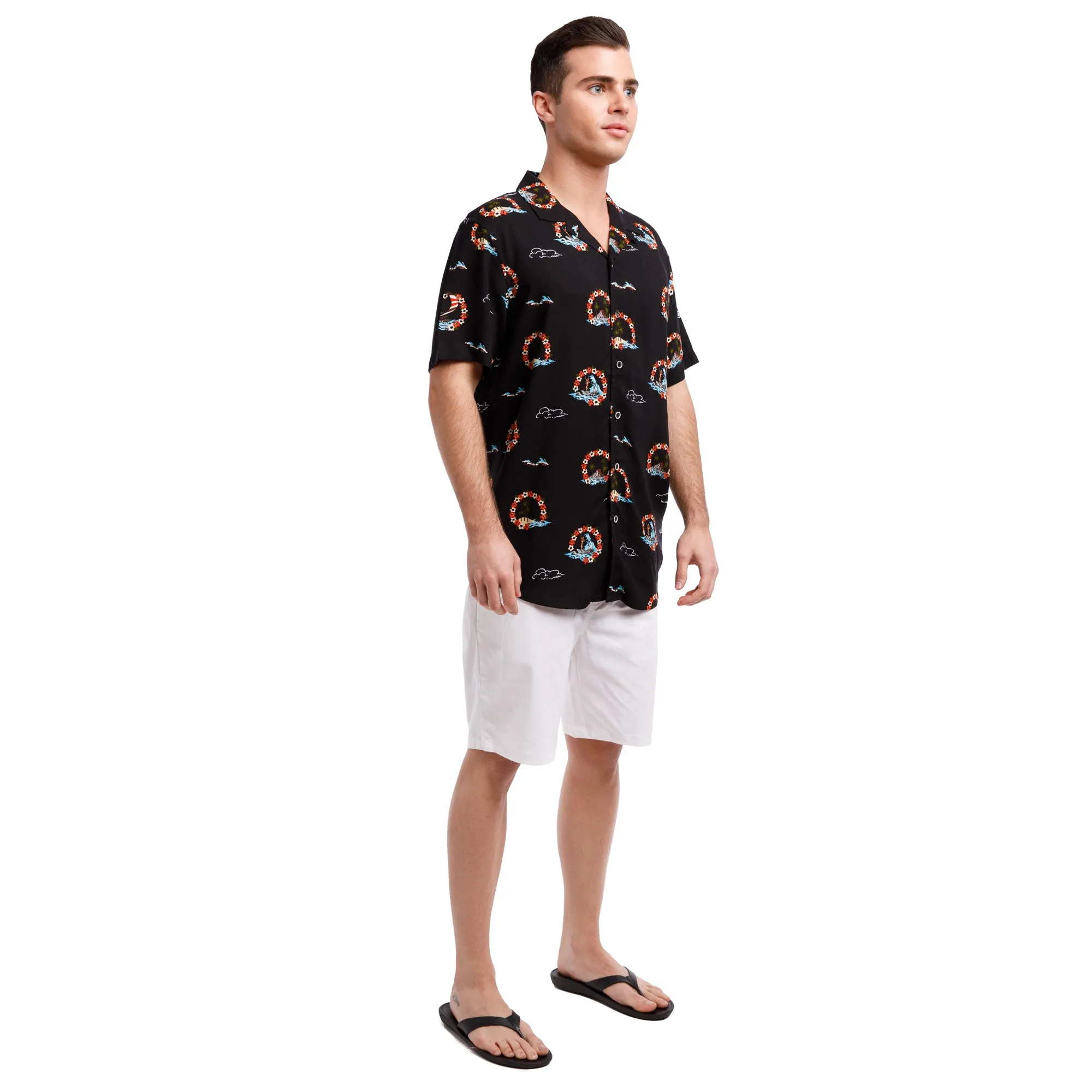 Super Soft Relaxed Printed Short Sleeve Button Up Shirt | Hawaiian Halos