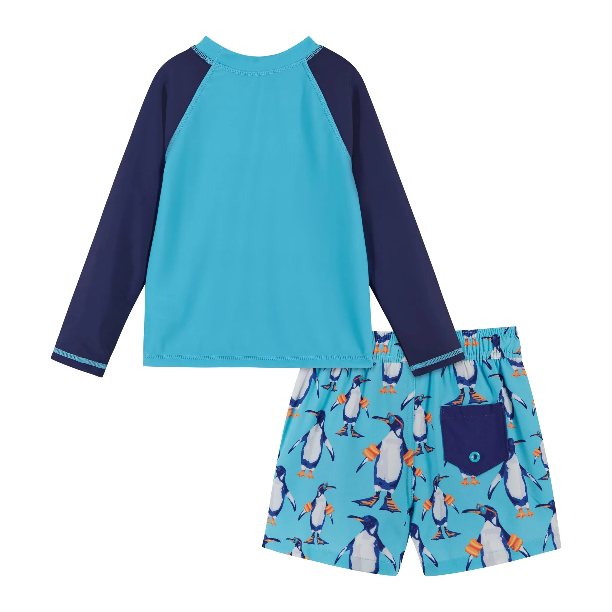 UPF 50  Penguin Rashguard & Swim Trunk Set | Aqua