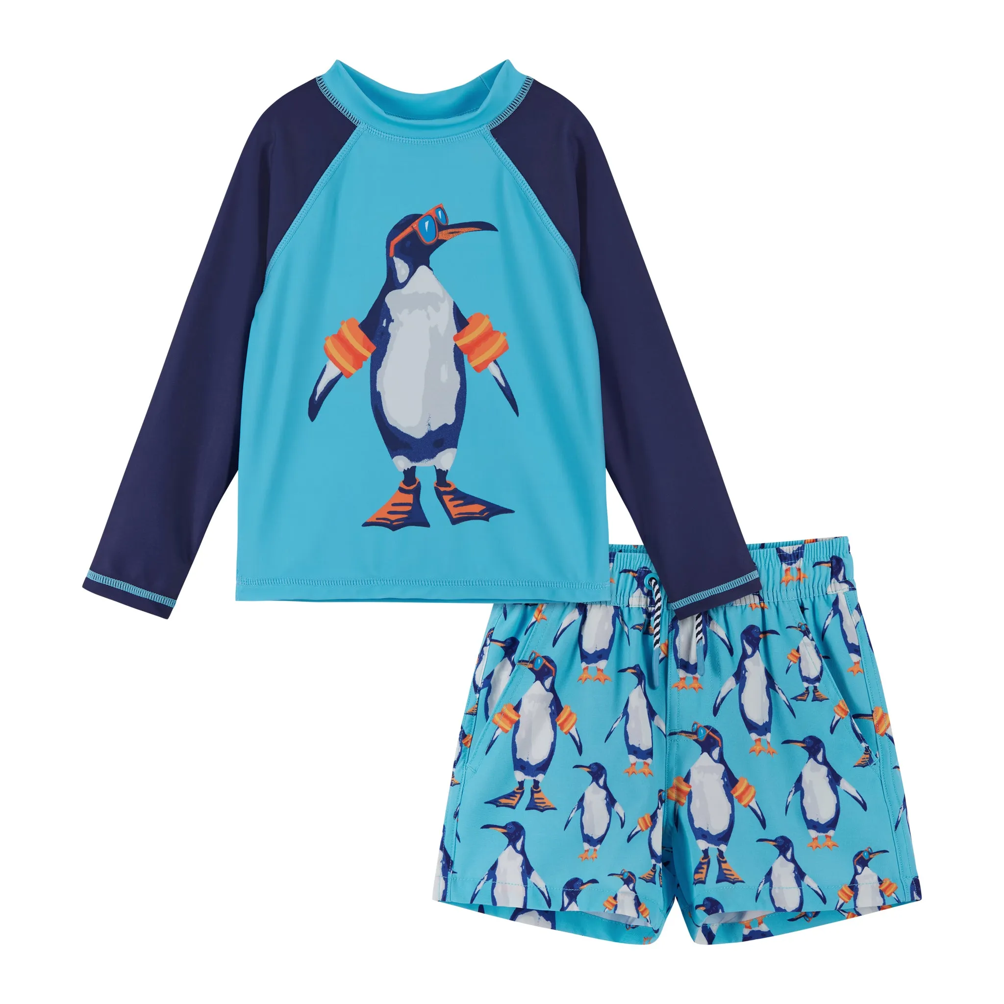 UPF 50  Penguin Rashguard & Swim Trunk Set | Aqua