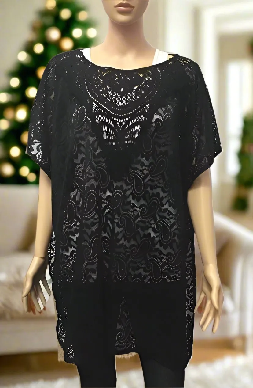 Womens Pull Over Paisley Lace Top, Lace Kimono, Swimsuit Cover Up, One Size, Black/White